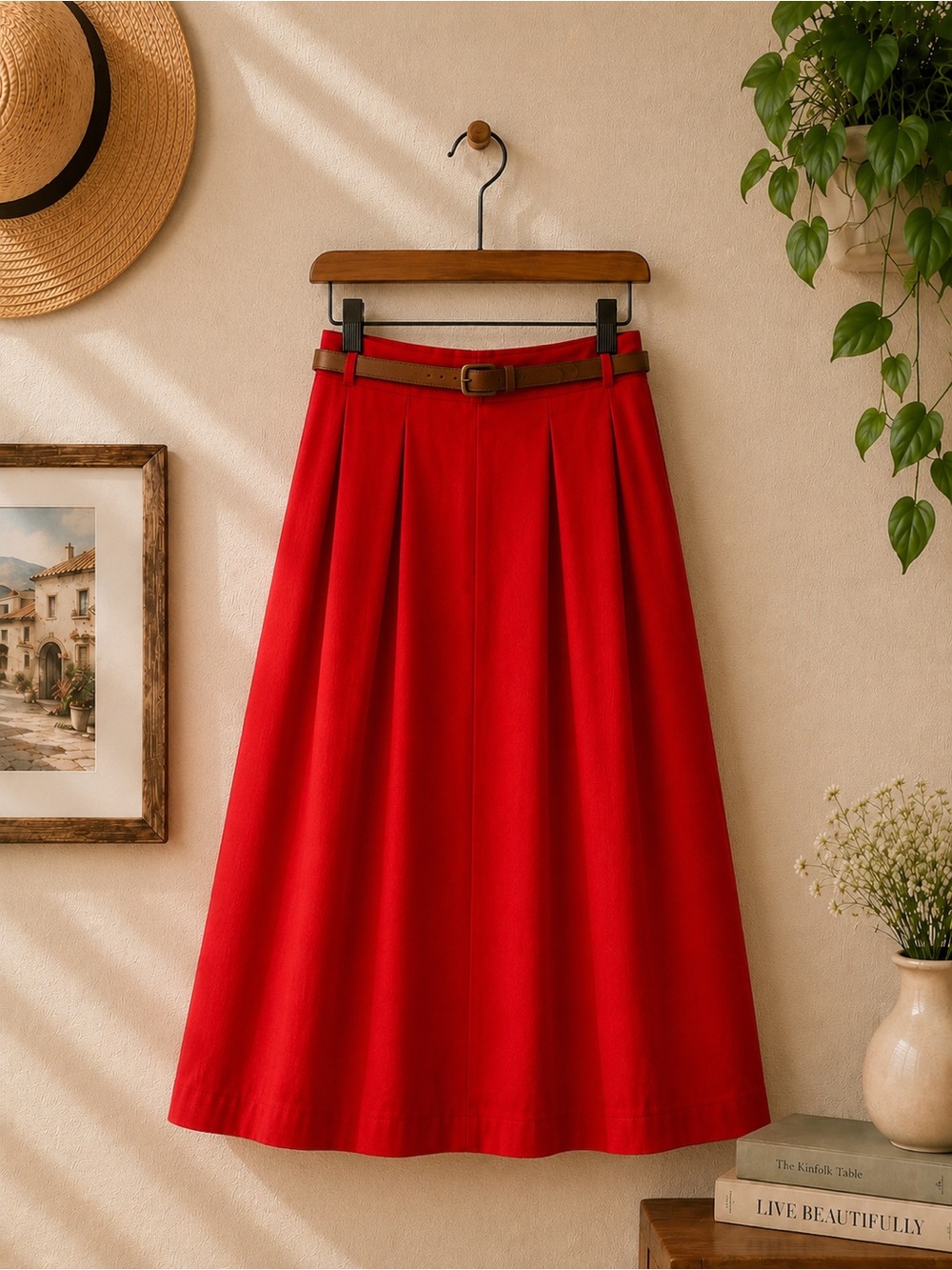 NWT High-Waist Red Button-Front A-Line Midi Skirt With Belt Pockets Lined - Picture 5 of 6